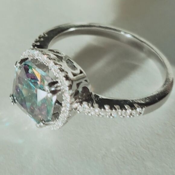 Cushion Cut 5 Ct. Mystic Topaz 14K White Gold surrounded by 38 White Diamonds - Picture 7 of 8